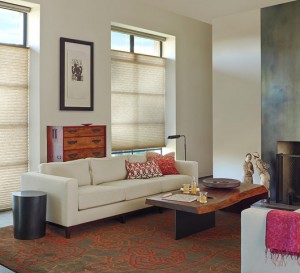 Custom red & brown area rug with cream window treatments in Saratoga